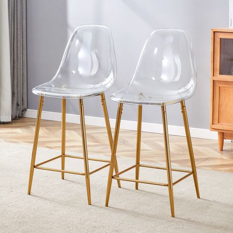 Sgabello da bar in plastica e metallo, con schienale e poggiapiedi, stile moderno, oro (1/5)