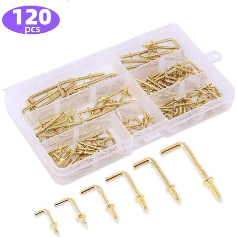 120 pcs 6 tailles crochet a visser en métal Laiton plaqué or carré Bend Crochets kit, Doré carré Bend Crochets Vis à tôle Crochets pour Home/lieu de travail/bureau (1/5)
