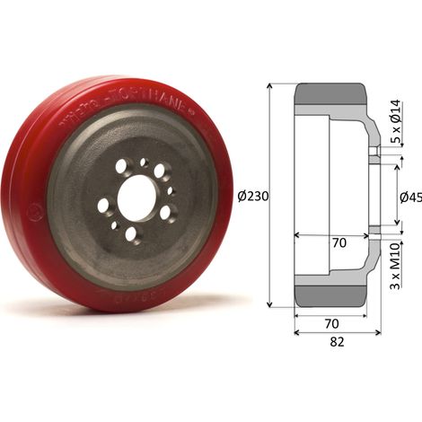 Roue motrice 230 x 70- 5 trous REDTHANE® ( Jungheinrich 63210590 - R )