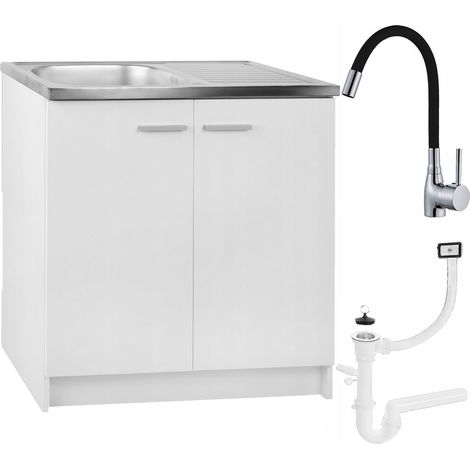 STAMAR  Küchenschrank - 80 cm - Weiß - Mit Edelstahlspüle und flexiblem Wasserhahn - Elegantes Design