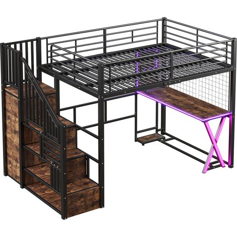 Lit mezzanine 140200cm avec lumières LED, escalier de rangement, bureau, armoire, étagères, sans matelas, noir