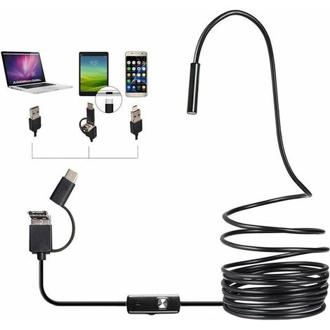 Endoscope USB 3 en 1 Slim 5,5 mm câble étanche semi-rigide caméra d'inspection caméra serpent HD IP67 avec 6 LED réglables et adaptateur USB - 5M (1/5)