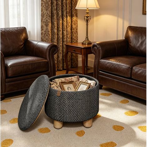 Pouf de rangement rond 39x39x33 cm en tissu lin gris foncé, gain de place pour salon FloraGrace (1/5)