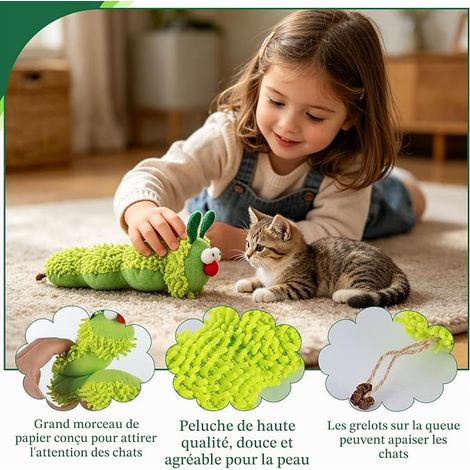 Interactive Cat Toy, Cat Toy in the Shape of a Green Caterpillar Soft Plush Cat Toys for Dental Cleaning Anti-Stress Teething Kitten Indoor Cats (1/4)