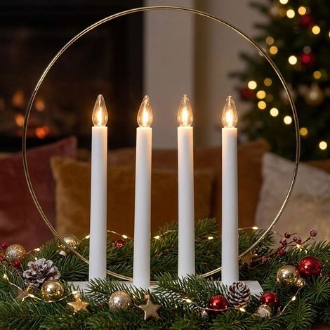 LED Kerzenständer Holz Weiß Schalter Weihnachten Fensterbank Dekoration H 35 cm (1/5)