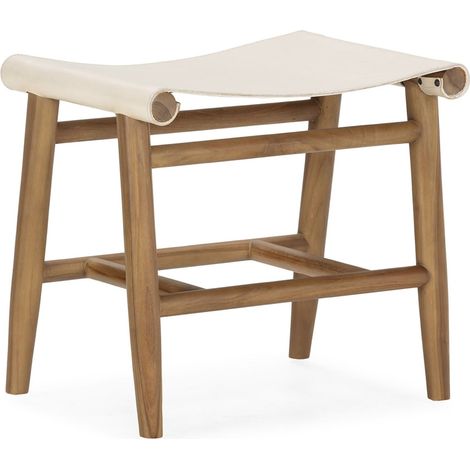 Tabouret bois de teck et cuir blanc assise élégante naturelle - bois naturel et cuir blanc (1/3)