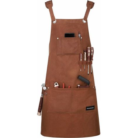 Tablier d'Outils, Tablier de Travail Résistant à l'huile Imperméable Multifonctionnel de Toile Cirée Résistante avec des Poches d'Outil pour la Peinture Artisanat en Bois etc, Marron (1/4)