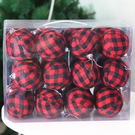 Boule Décorative En Tissu - Motif Carreaux Buffalo - Pour Décoration Rustique - 24 Pièces - Diamètre 7 cm - Rouge Et Noir (1/5)