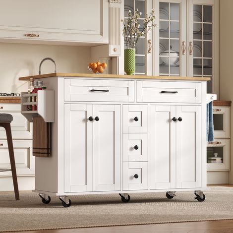Tanant – Desserte de cuisine extensible 120x65 cm – 5 tiroirs – porte-épices et porte-serviettes – sur roulettes – îlot de cuisine blanc (1/5)