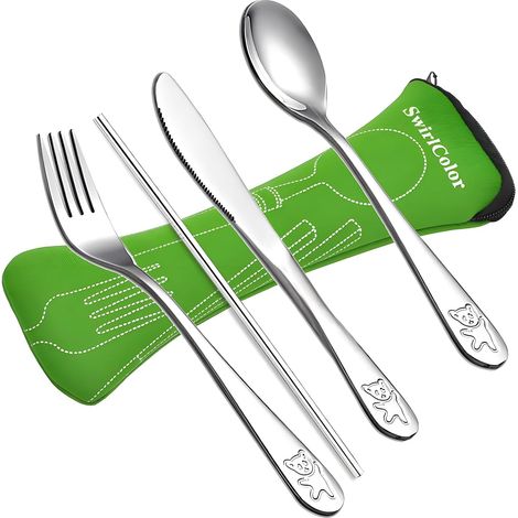 Couvert Enfant, Mignon Acier Inoxydable Couteau Fourchette Cuillere Paille Ensemble Enfant Couverts pour Maison Voyage Pique-nique Camping 4 Pcs (1/5)