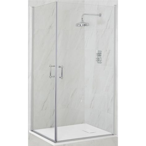 Milano Langley Chrome Corner Walk In Wet Room Double Hinged Door Shower Enclosure with White Slate Effect Tray and Fast Flow Waste - 900mm x 900mm (1/5)