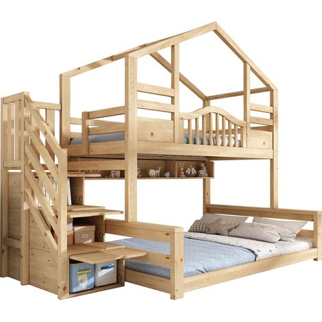 Lit superposé 90x200 et 140x200 cm lit enfant cabane avec escalier de rangement, étagères, accès sécurisé aspect bois naturel (1/5)