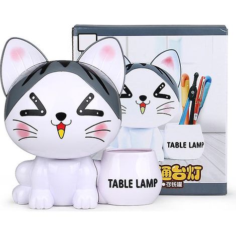 Lampe de bureau LED rechargeable avec protection oculaire, design tirelire, veilleuse, porte-stylo, cadeau USB - Thème chat, 16,5 x 11 x 18 cm (1/5)