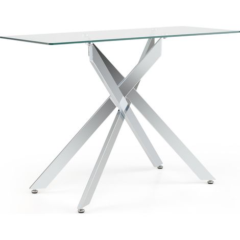 Table console argentée en verre trempé avec coins arrondis, pieds chromés et patins réglables pour entrée et salon (1/5)
