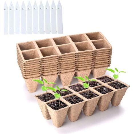 Lot de 10 pots de tourbe, 100 cellules biodégradables pour semis d'intérieur et d'extérieur, comprend 10 étiquettes en plastique pour plantes (1/5)