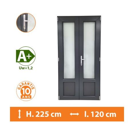 Direct Fenêtres – Porte-fenêtre PVC 2 vantaux gris anthracite – Double vitrage 4/16/4 – Isolation thermique A+ – Ouverture à la française – Seuil aluminium PMR