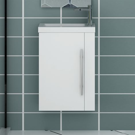 SKY Bathroom 440mm Cloakroom Bathroom Sink Vanity Unit with Basin Wall Hung Compact White Door Unit (1/4)
