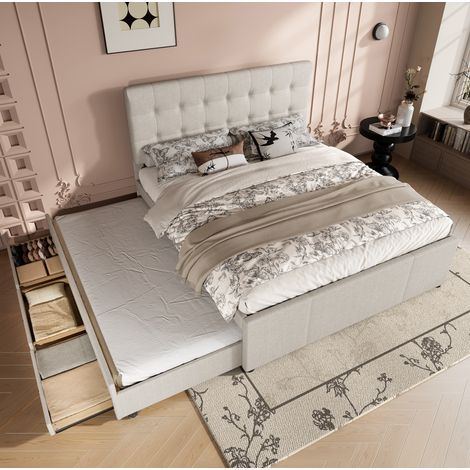 Cama doble con almacenamiento nido tapizada beige OKMYHOME (1/5)