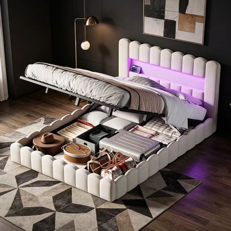 Lit coffre 180×200cm avec lumière LED, lit double capitonné avec port USB, lit adulte avec espace de rangement, Sommier à lattes en bois, lit pour adulte et adolescent, Lin, Beige (1/5)