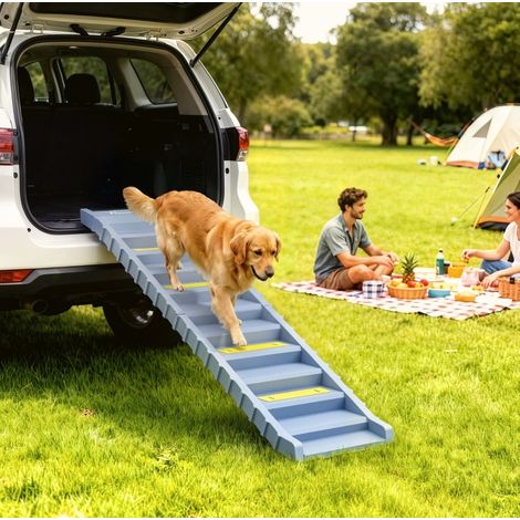 Rampe pour chien pliable de 154 cm, 10 marches antidérapantes en plastique, support jusqu’à 25 kg, avec pieds stables, pour voiture, camion ou lit haut, coloris gris – CHICFURN (1/5)