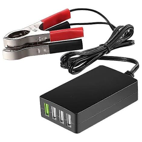 Caricabatterie portatile CC con morsetto per batteria, da 12V/24V a 5V, adattatore multiporta USB a 4 porte, per smartphone, colore nero.