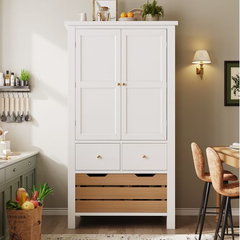Aparador de cocina 80x40x140 cm blanco en MDF con 2 puertas, 5 cajones y gran capacidad de almacenaje (1/5)