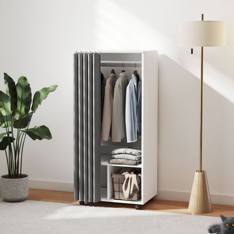 Armario móvil con cortina y barra para colgar ropa, 60 x 40 x 128 cm, blanco. (1/5)
