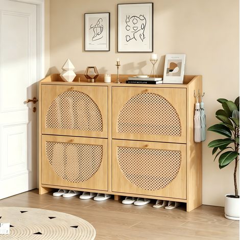 Meuble à chaussures 4 abattants, 120x24x90 cm, 8 compartiments, avec 2 crochets, en MDF, coloris naturel (1/5)
