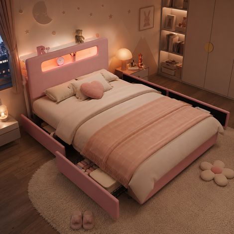 Lit enfant rembourré 140x200 cm en velours avec rangement, tête de lit avec étagères, 4 tiroirs et éclairage LED - Rose