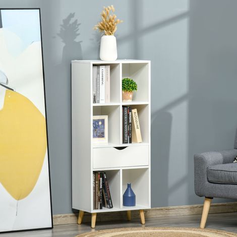Estantería para Libros con 1 Cajón y Patas de Madera 6 Compartimentos Abiertos de Almacenaje 50x29,5x120 cm Blanco (1/5)