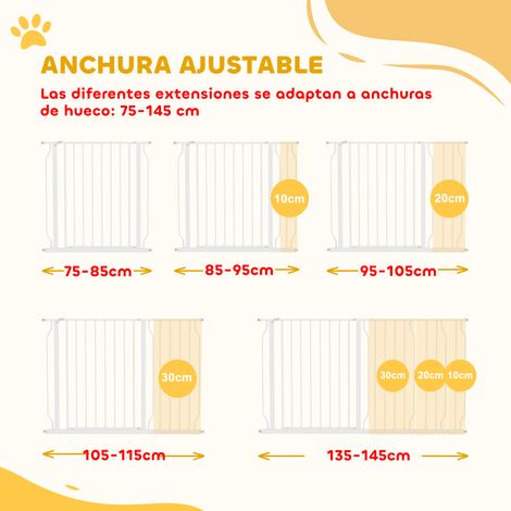 Barrière de sécurité extensible pour chiens. adaptée aux escaliers et aux portes. de 75 à 145 cm. avec 3 extensions de 10/20/30 cm. Hauteur de fixation par pression : 76 cm. Couleur : Blanc. (1/5)