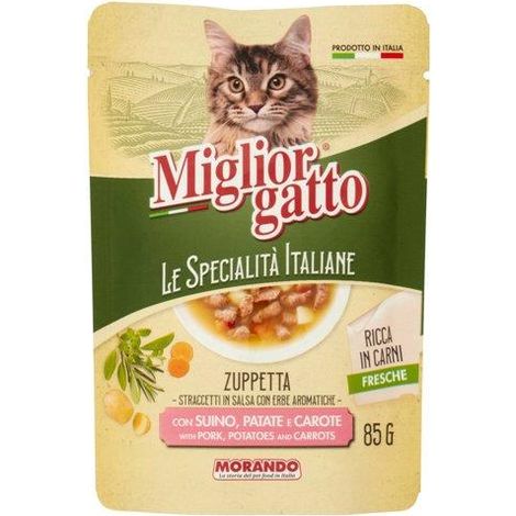 MIGLIOR GATTO ZUPPETTA DI STRACCETTI CON SUINO. PATATE E CAROTE 85GR OKX