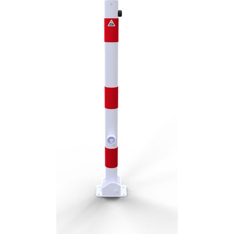 Schake Absperrpfosten umlegbar aus Stahlrohr verzinkt Ø60x2,5mm weiß mit rot reflektierenden Leuchtstreifen, Dreikantverschluss, Dübelbefestigung und Stahlkappe 900mm Überflur (1/2)