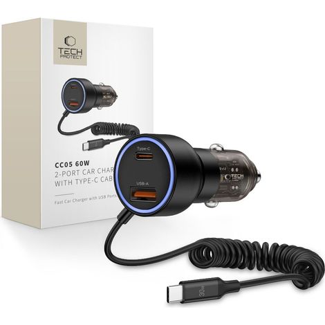Caricabatterie da auto Tech-Protect CC05 a 2 porte PD60W + cavo nero