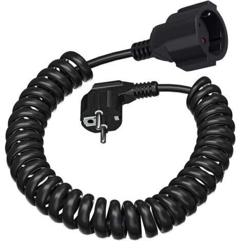 Câble de Rallonge, Câble Spiralé à Contact de Protection Extensible de 0,6m à 2 m Max, Câble de d'alimentation IP20(230V/16 A), Câble Spiralé 3 x 1,0 mm² avec Fiche & Pise Schuko, Noir (1/4)
