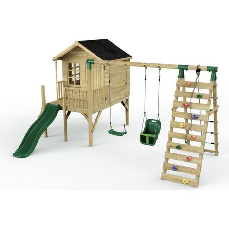 Rebo Playhouse and Double Swing Set with Climbing Wall and Slide - Luna Green