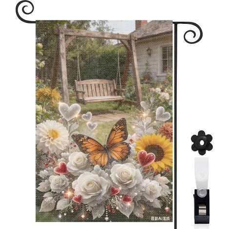 Drapeau de jardin vertical 30 x 45 cm motif papillon et roses blanches toile double face pour extérieur (1/5)