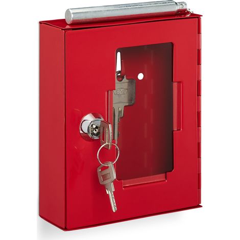 Relaxdays Emergency Key Box, with Glass Pane & Hammer, Lockable, Metal, Household, Practical, Helpful, Red