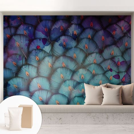 Papier peint intissé à motifs décoratifs pour salon chambre et bureau Décoration murale élégante avec colle Plumes colorées 208x146 cm (1/5)
