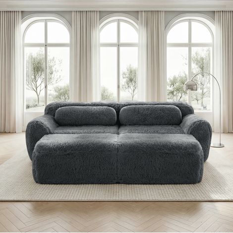 Divano modulare angolare grigio in tessuto plush senza montaggio con 2 pouf (1/5)