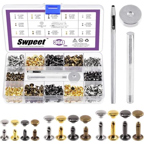 360 set di rivetti in pelle a doppio cappuccio da 6 mm, 8 mm e 12 mm in 4 colori con 3 strumenti di fissaggio, kit assortimento rivetti tubolari a doppio cappuccio in pelle per lavori di artigianato i (1/5)