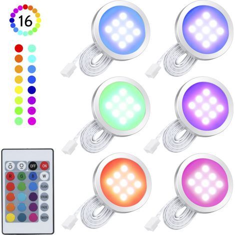 Un ensemble de 6 lampes de meubles LED RGB rondes et fines (LED SMD5050) à changement de couleur, à intensité variable et livrées avec une télécommande, adaptées aux cuisines, salles à manger et burea (1/4)