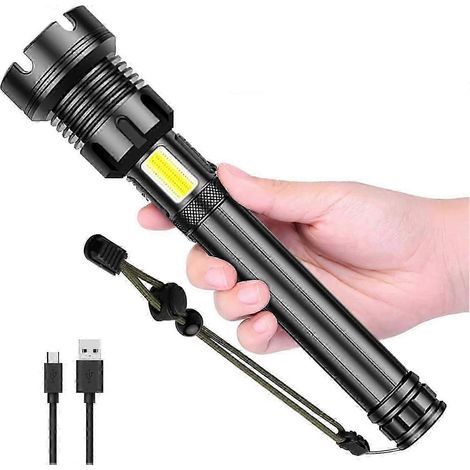 Lampe torche LED rechargeable à haut flux lumineux (90 000 lumens), lampe torche tactique ultra-lumineuse équipée d'une batterie de 10 000 mAh, lampe de travail latérale, 7 modes, zoom variable, bande (1/5)