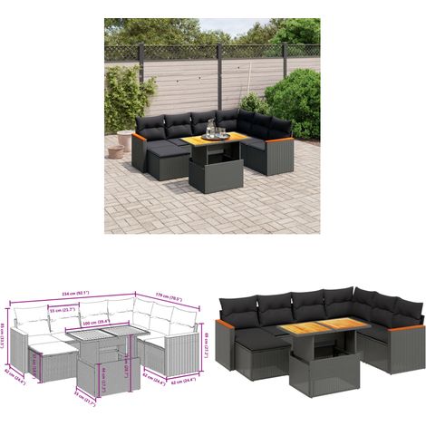 Salon de jardin 8 pcs avec coussins noir résine tressée - Ensemble Salon De Jardin - Meuble Extérieur - Résine Tressée - Rotin Synthétique - Table Extensible - Home & Living (1/3)