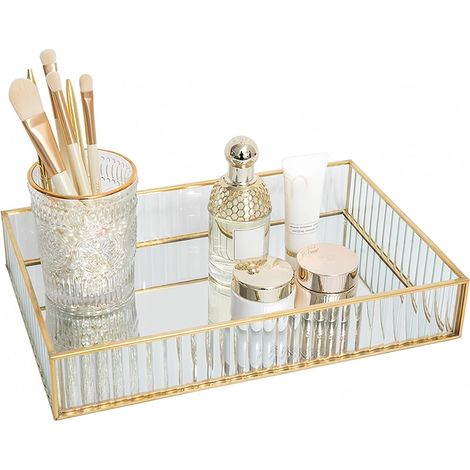 Vintage Spiegeltablett Gold, Dekoratives Glastablett Rechteckig Tray (1/5)