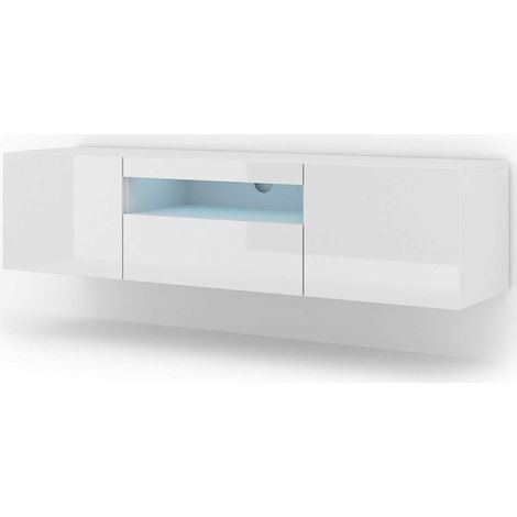 Aura Meuble TV bas universel 150 cm à suspendre ou à poser Armoire Hi-fi avec LED Blanc brillant (1/5)