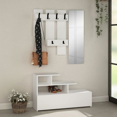 Mueble de entrada de madera de 100 cm con zapatero y espejo en blanco - Vesty (1/4)