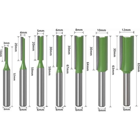 Jeu de 7 fraises à bois professionnelles (3 à 12 mm) – Queue à deux goujures de 6 mm – Pour défonceuses et travail du bois (1/4)
