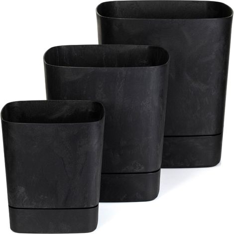 Juego de macetas CUBI con platillos, de hormig贸n negro reciclado, 3 piezas.
