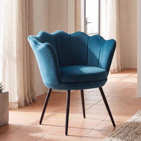 Wahson Freizeitsessel Samt-Bezug, Muschel-Sessel eleganten schwarzen Metallbeinen für Schlafzimmer und Wohnzimmer,Dunkelblau